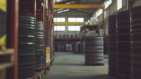 View of a spacious industrial warehouse filled with neatly arranged metal drums and containers, showcasing an organized and efficient storage environment ideal for manufacturing and distribution.の素材
