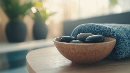 A soothing spa scene featuring smooth black stones in a wooden bowl alongside a neatly rolled towel, illuminated by soft natural light, perfect for promoting relaxation and wellness.の素材