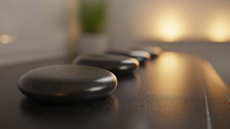 A tranquil spa scene featuring smooth black stones arranged on a surface, enhanced by soft ambient lighting, creating an ideal atmosphere for relaxation and wellness therapies.の素材