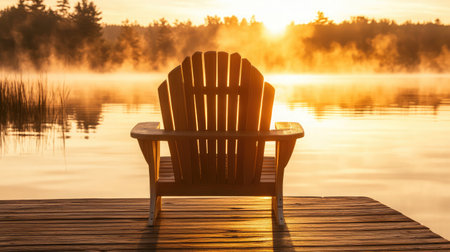 A stunning sunset casts warm light on a stylish Adirondack chair on a lake dock, surrounded by misty waters and lush nature, inviting moments of tranquility and reflection.の素材