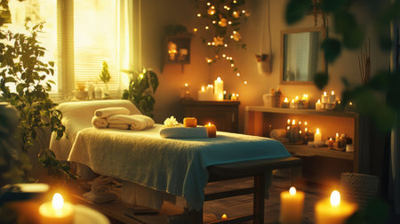Experience a peaceful spa room filled with candles and greenery, providing a serene atmosphere for relaxation and rejuvenation during spa treatments or self-care moments.の素材