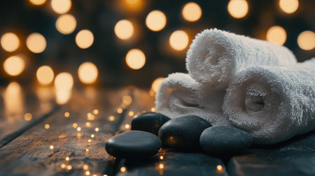 Experience a serene spa atmosphere with soft towels and smooth stones set against warm bokeh lights, perfect for relaxation and wellness in a calming space.の素材