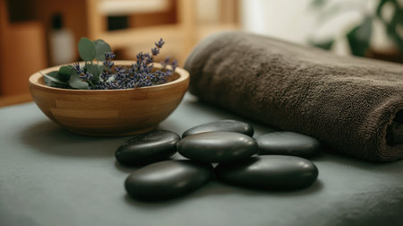Experience a serene spa environment with black stones, a soft towel, and aromatic lavender in a wooden bowl, perfect for relaxation and wellness treatments.の素材
