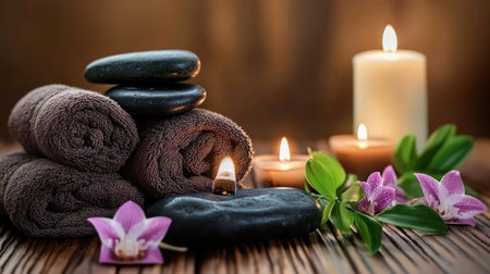 Experience a serene spa atmosphere featuring smooth stones, elegant orchids, soft towels, and warm candlelight for a perfect relaxation and wellness escape.の素材
