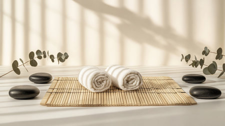 A calming spa arrangement featuring rolled white towels, smooth black stones, and eucalyptus leaves, designed to evoke tranquility and relaxation in wellness spaces.の素材
