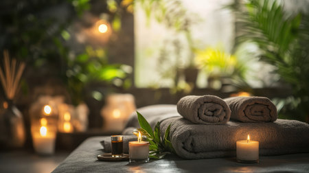 A serene spa environment showcasing rolled towels, flickering candles, and lush greenery, creating a calming atmosphere perfect for relaxation and rejuvenation.の素材