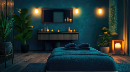 Experience relaxation in this serene spa room featuring soft lighting and a plush massage table to enhance well-being, perfect for wellness enthusiasts.の素材