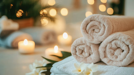A serene spa environment featuring neatly stacked soft towels, flickering candles, and delicate floral accents, perfect for creating a calming space for relaxation and rejuvenation.の素材