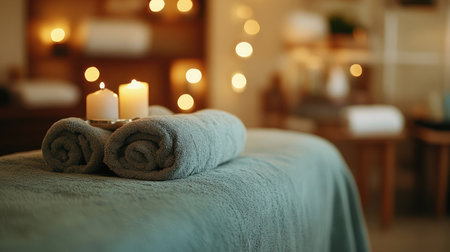 A serene spa environment featuring rolled towels and lit candles, creating a tranquil atmosphere perfect for relaxation and rejuvenation experiences.の素材
