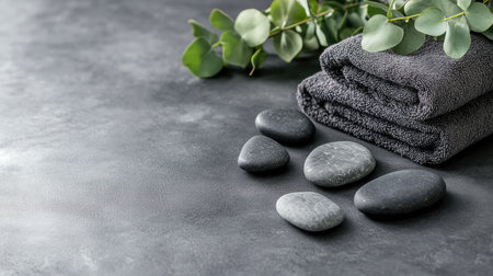 Discover a tranquil spa setting featuring soft towels, smooth stones, and delicate greenery, perfect for promoting relaxation and wellness in any space.の素材