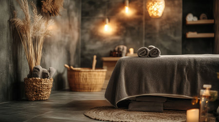 Experience the tranquil essence of this spa interior, featuring warm lighting, soft textures, and natural elements designed for ultimate relaxation and wellness inspiration.の素材