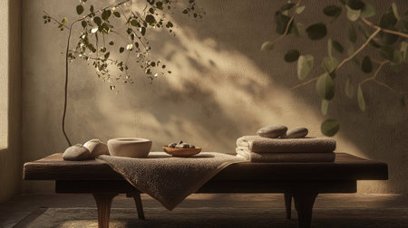 Discover a tranquil spa setting adorned with natural elements, soft lighting, and calming textures, perfect for promoting relaxation and well-being in your wellness space.の素材