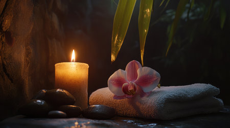 A tranquil spa scene featuring a lit candle beside a soft towel and a delicate orchid on smooth stones, creating a soothing atmosphere for relaxation and self-care.の素材