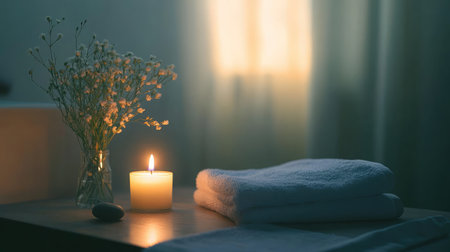 A tranquil spa scene featuring a soft candle illuminating fresh towels and delicate flowers, creating a calming atmosphere perfect for relaxation and self-care.の素材