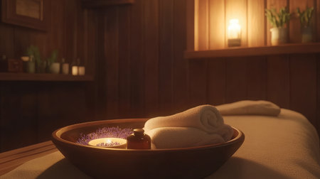 A serene spa environment showcasing lavender, warm candles, and plush towels, creating a tranquil atmosphere ideal for relaxation and self-care. Perfect for wellness themes.の素材