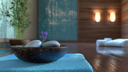 Experience the soothing essence of a spa environment featuring gentle stones and lavender, promoting relaxation and tranquility in a serene interior setting.の素材