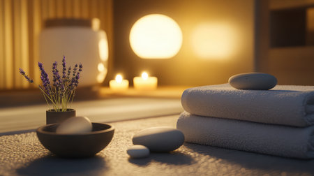 A serene spa setting featuring soft lighting, fresh lavender, and calming stones. This tranquil atmosphere is perfect for relaxation, self-care, and rejuvenation.の素材