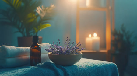 Experience a peaceful spa setting with soothing lavender, candles, and essential oils, perfect for relaxation and self-care in a serene atmosphere.の素材