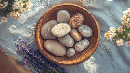Discover a tranquil arrangement of smooth stones in a wooden bowl, accented by dried lavender and delicate flowers, creating a serene atmosphere for any setting.の素材