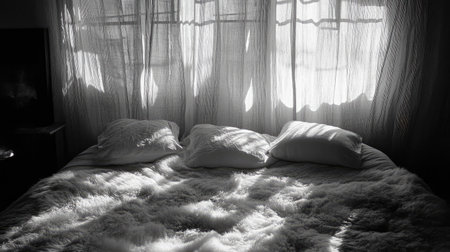 A serene black-and-white image of a cozy bed adorned with soft pillows and a textured blanket, illuminated by gentle light streaming through sheer curtains, creating a tranquil atmosphere.の素材