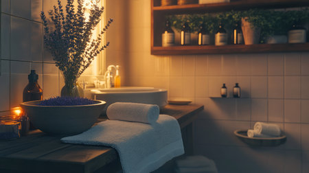 A tranquil bathroom scene featuring natural elements like lavender and soft towels, creating a peaceful atmosphere ideal for relaxation and self-care routines.の素材