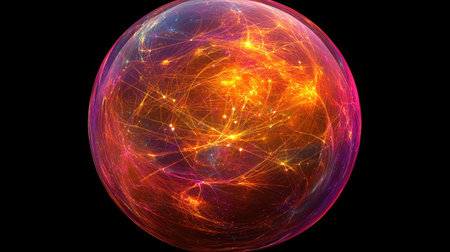 This captivating abstract image features a cosmic sphere filled with vibrant pink and orange light trails, symbolizing energy and connectivity in a stunning visual representation.の素材