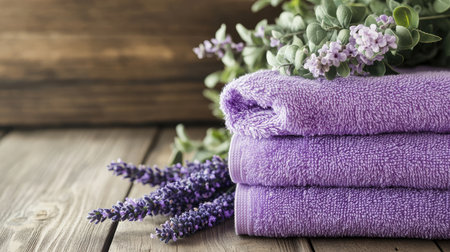 Experience a tranquil spa setting with soft lavender towels stacked harmoniously, complemented by fresh blooms and greenery on a rustic wooden surface. Perfect for relaxation.の素材