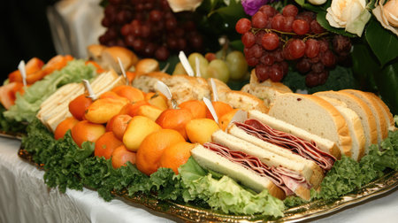 A vibrant spread featuring fresh fruits, assorted deli meats, and sliced bread arranged beautifully on a buffet table, perfect for any celebration or event.の素材