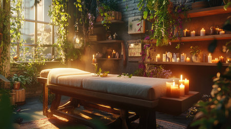 A tranquil wellness room featuring a massage table, surrounded by lush plants and flickering candles, offering a peaceful retreat for relaxation and rejuvenation.の素材