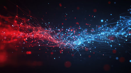 A captivating abstract digital background showcasing flowing connections of red and blue particles, ideal for technology, science, and modern design projects with a dynamic aesthetic.の素材