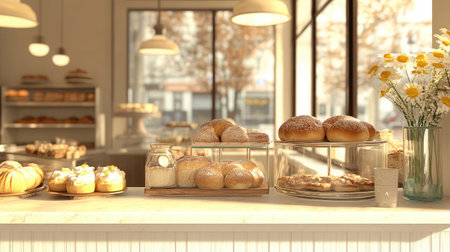 A charming bakery interior featuring an array of freshly baked pastries elegantly displayed, with natural light creating a warm and inviting atmosphere perfect for dessert lovers.の素材