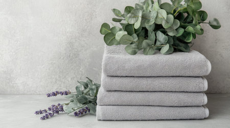 A serene arrangement of soft gray towels stacked with lush greenery and delicate lavender accents, perfect for creating a relaxing spa-like atmosphere in any bathroom setting.の素材