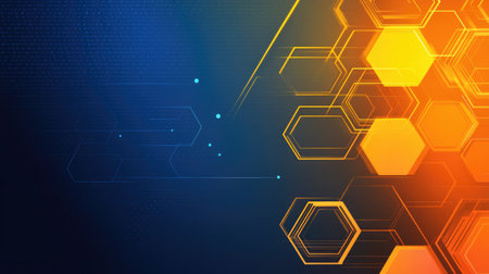 This vibrant geometric background features hexagonal shapes and a blend of blue and orange tones, perfect for technology themes and modern design projects.の素材