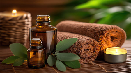 A serene spa arrangement featuring essential oil bottles, soft towels, and a flickering candle creates a soothing atmosphere perfect for relaxation and wellness activities.の素材