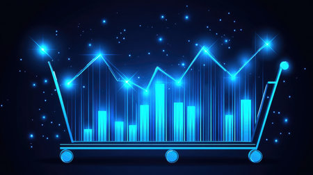 A visually appealing representation of a shopping cart intertwined with dynamic graphs, showcasing e-commerce growth and financial analytics with vibrant blue effects.の素材