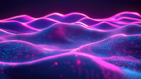 A captivating digital landscape featuring undulating waves of glowing particles in rich purple and blue hues, evoking a sense of movement and depth in an abstract space.の素材