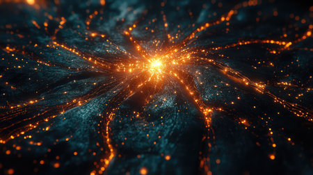 Captivating abstract image depicting an explosion of light and energy, showcasing glowing particles in motion against a dark space background for digital art and science use.の素材