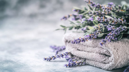A soft gray towel adorned with delicate lavender sprigs creates a serene atmosphere, perfect for spa settings or home relaxation, enhancing comfort and elegance.の素材