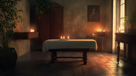 A tranquil spa room featuring a wooden massage table, soft candlelight, and soothing decor, ideal for wellness, relaxation, and holistic therapy environments.の素材