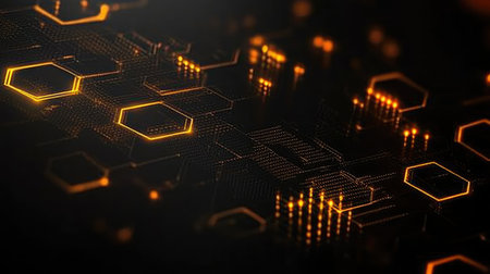 This abstract digital background showcases glowing hexagonal patterns and circuits, ideal for themes of technology, innovation, and modern aesthetics in various projects.の素材