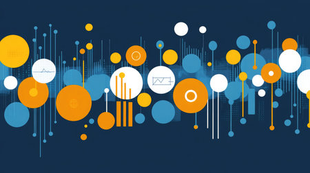 A vibrant abstract digital design featuring colorful circles and lines that symbolize modern technology and data visualization, ideal for professional projects and presentations.の素材