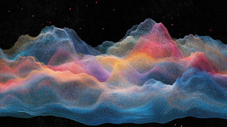 Vivid abstract digital landscape illustration featuring fluid shapes and colors representing mountains, evoking a serene exploration of a cosmic realm filled with artistic beauty.の素材