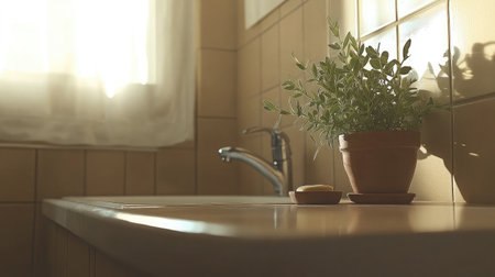 A tranquil bathroom scene featuring a potted plant on the countertop, basking in natural light, creating a soothing and inviting environment for relaxation and wellness.の素材
