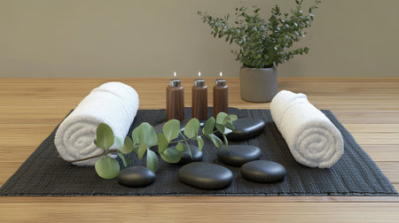 Experience tranquility with a beautifully arranged spa setting featuring soft towels, smooth stones, gentle candles, and lush greenery for a perfect relaxation atmosphere.の素材