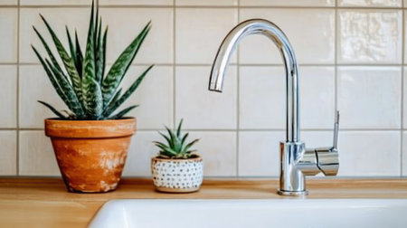 A stylish kitchen featuring a shiny chrome faucet, surrounded by vibrant green succulents in terracotta and decorative pots, set against a light tiled background.の素材
