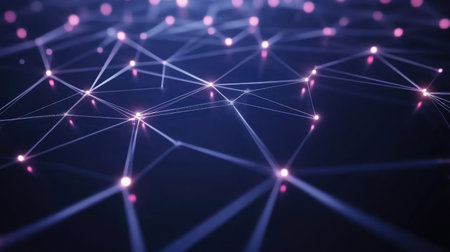 This abstract image features a network structure with glowing connections, representing advanced technology and digital data visualization in a captivating and modern aesthetic.の素材