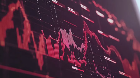 Detailed abstract visualization of financial market trends illustrated through a red candlestick chart and dynamic graphs, emphasizing fluctuations and data analysis in trading environments.の素材