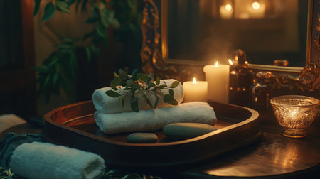 A serene spa setup featuring soft towels and natural stones, illuminated by candles that create a warm ambiance for relaxation and self-care in a tranquil environment.の素材