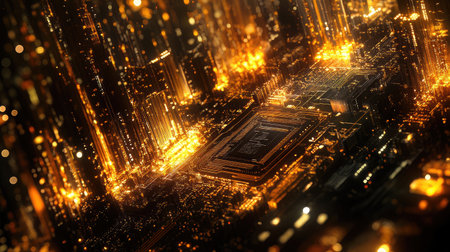 This stunning image showcases a vibrant city skyline illuminated by intricate circuitry and digital lights, embodying the fusion of technology and urban life at night.の素材