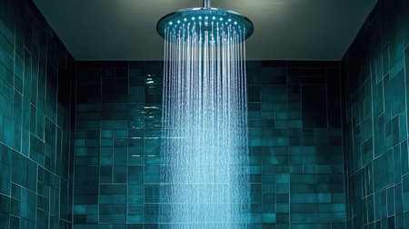 A stunning view of a modern showerhead releasing a cascade of water in a beautifully tiled bathroom, creating a serene and refreshing atmosphere ideal for relaxation.の素材